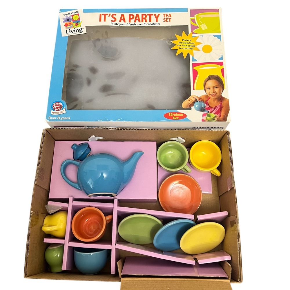 Small World Living Its A Party‎ Tea Set 12 Piece Ceramic Kids Playtime Miniature